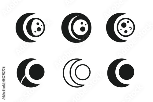 Lunar Icon Set. Lunar exploration and moon missions. Icon set. Set Logo of Lunar Exploration: stylized moon phases forming orbit. harmonious logo variations of