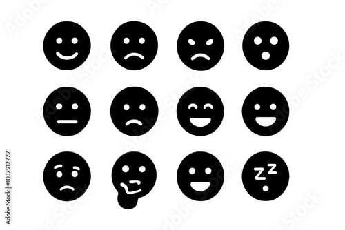 Emotion Icons Grid. Emotions. Solid icon set of Emotions: happy face, sad face, angry face, surprised face, neutral face, crying face, laughing face, winking