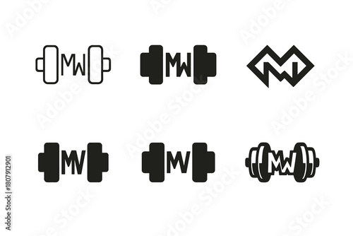 Custom Fitness Logos. Personalized fitness equipment. Icon set. Set Logo of personalized fitness equipment: gym bag monogram. harmonious logo variations of the