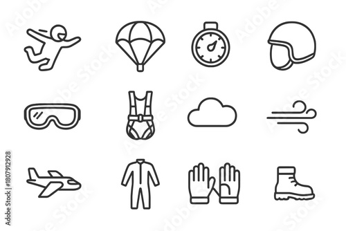 Skydiving Essentials Icons. Freefall. Line icon set of freefall: skydiver, parachute, altimeter, helmet, goggles, harness, cloud, wind gust,