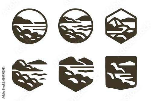 Rocky Shore Icons. Rocky shore. Icon set. Set Logo of rocky shore: serene rocky coastline. harmonious logo variations of the same emblematic concept, each with
