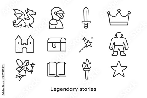 Legendary Icon Set. Legendary stories. Line icon set of legendary stories: dragon, knight, sword, crown, castle, treasure chest, magic wand, giant, fairy,