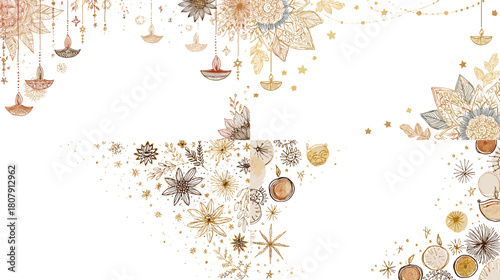 Festive Diwali inspired illustration with mandalas, oil lamps, stars, and floral details in soft warm colors. Decorative frame suitable for greeting cards and cultural celebrations.