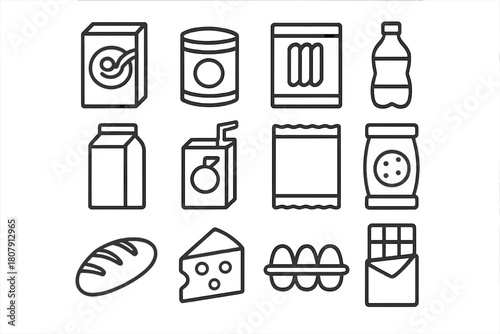 Packaged Food Icons. Packaged food. Line icon set of Packaged food: cereal box, canned food, pasta box, soda bottle, milk carton, juice box, snack bag, cookie