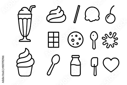 Dessert Shake Icons. Dessert shakes. Line icon set of dessert shakes: milkshake glass, whipped cream, straw, ice cream scoop, chocolate bar, cookie, cherry,