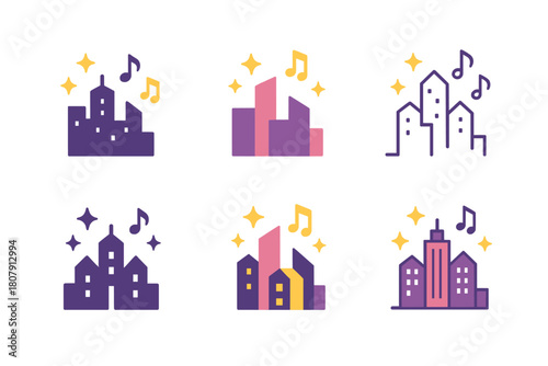 Vibrant City Icons. Vibrant city life. Icon set. Set Logo of vibrant city life: modern city skyline with rising sun. harmonious logo variations of the same