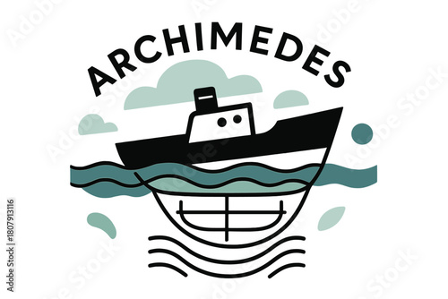 Ship Over Stylized Waves. Boat Displacement at Sea. A ship hull cuts through stylized waves; volume lines beneath show buoyant displacement. Floating