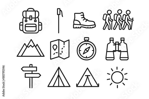 Hiking Essentials Icons. Hiking trip essentials. Line icon set of Hiking trip essentials: backpack, walking stick, hiking boots, group of hikers, mountain,