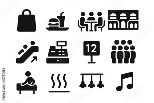 Food Court Icons. Food court experience. Solid icon set of Food court experience: shopping bag, food tray, dining group, mall hall, escalator, cash register,