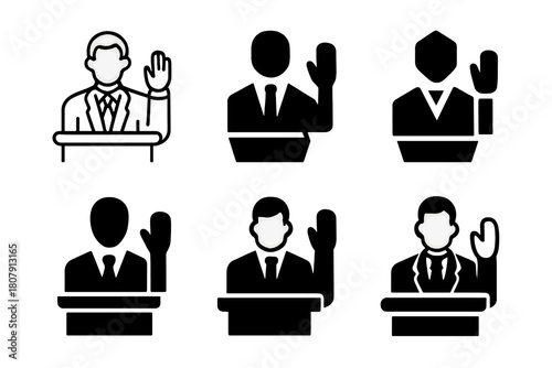 Courtroom Objection Logos. Lawyer Making Objections. Icon set. Set Logo of Courtroom Objection: attorney raising hand in court. harmonious logo variations of