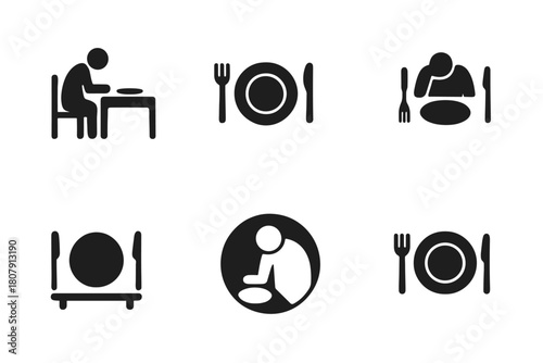Lonely Meal Icons. Loneliness in old age. Icon set. Set Logo of Empty Plate: Meal for one. Negative space, Minimal outline, Symmetrical form, Iconic shape,