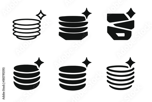 Stacked Plates Logos. Stacking clean plates. Icon set. Set Logo of stacking clean plates: neatly stacked dishes. harmonious logo variations of the same