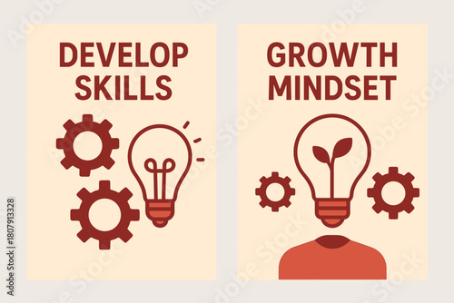 Skills and Growth Banners. Develop skills. Two vertical A6 banners with safe margins, centered composition, no elements touching edges, flat vector design, red