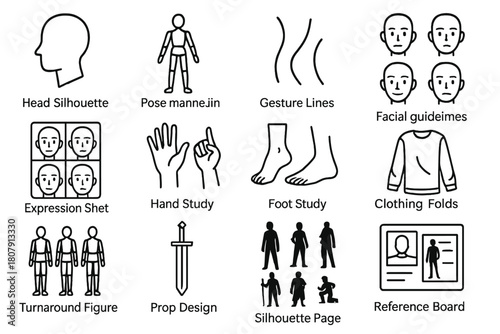 Character Concept Icons. Character concept sketch. Line icon set of character concept sketch: head silhouette, pose mannequin, gesture lines, facial