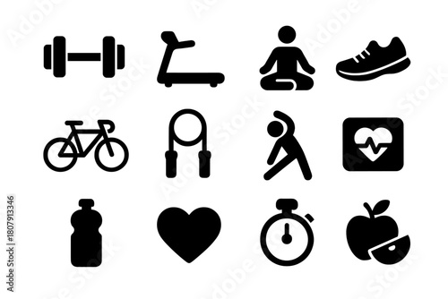 Fitness Icon Set. Fitness tracking. Solid icon set of Fitness tracking: smartwatch, running shoe, heart rate, step counter, dumbbell, stopwatch, water bottle,