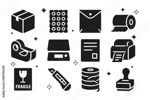 Packaging Icons Grid. Packaging and shipping station. Solid icons set of Packaging and shipping station: shipping box, bubble wrap, padded envelope, kraft