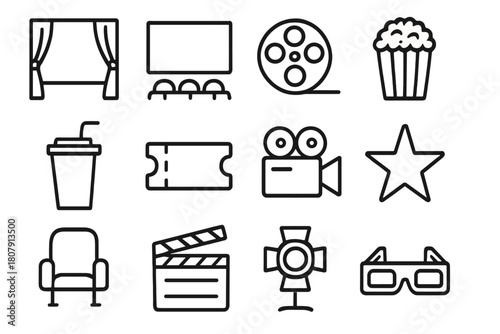 Cinema Line Icons. Cinema experience. Line icon set of cinema experience: curtain, screen, film reel, popcorn, soda cup, ticket, movie camera, star, chair,