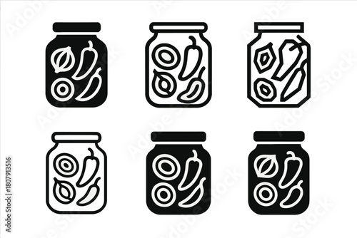 Pickled Food Icons. pickled food. Icon set. Set Logo of pickled food: vintage jar label design. harmonious logo variations of the same emblematic concept, each