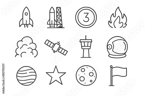 Rocket Launch Icons. Launch Sequence. Line icon set of Launch Sequence: rocket, ignition flame, smoke, countdown clock, control panel, radar, tower, checklist,