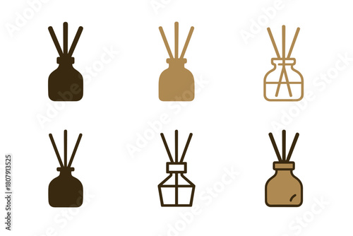 Aromatherapy Logo Set. Aromatherapy. Icon set. Set Logo of aromatherapy: aroma diffuser bottle with reeds. harmonious logo variations of the same emblematic