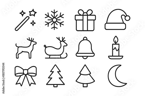 Holiday Magic Icons. Holiday magic. Line icon set of Holiday magic: magic wand, stars, snowflake, gift box, Santa hat, reindeer, sleigh, bell, candle, ribbon,