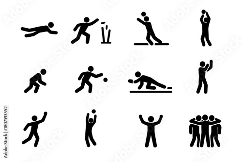 Cricket Fielding Icons. Fielding Actions. Solid icon set of Fielding Actions: dive save, direct hit, run out, catch, slip catch, relay throw, boundary stop,