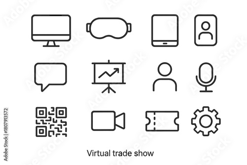 Virtual Trade Icon Set. Virtual trade show. Line icon set of Virtual trade show: computer monitor, VR headset, tablet, chat bubble, presentation screen, user