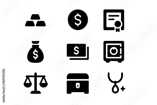 Trading Assets Icons. Trading assets. Solid icon set of Trading assets: gold bar, coin, bullion, certificate, money bag, stack, vault, safe, scale, treasure