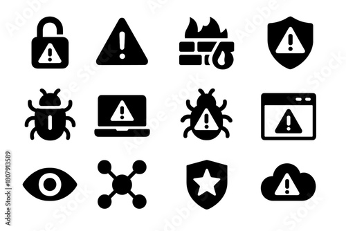 Cybersecurity Alert Icons. Cybersecurity alert. Solid icon set of Cybersecurity alert: lock, exclamation mark, firewall, shield, malware icon, laptop warning,