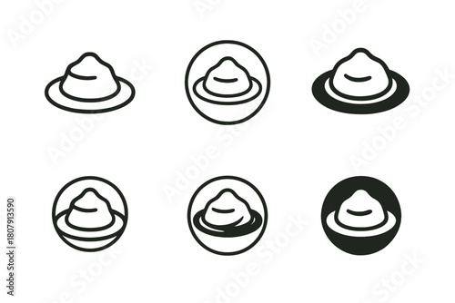 Mashed Potato Icons. Mashed potato mound. Icon set. Set Logo of mashed potato mound: swirl-patterned mashed potatoes served in a bowl. harmonious