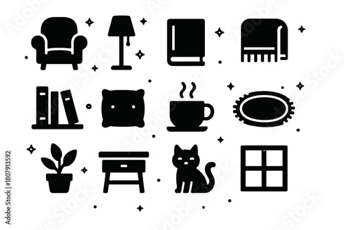 Cozy Reading Icons. Reading Nook. Solid icons set of Reading Nook: armchair, bookshelf, lamp, book, coffee cup, blanket, window, cushion, plant, rug, side