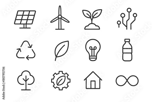 Sustainable Design Icons. Future of sustainable design. Line icon set of future of sustainable design: solar panel, wind turbine, plant sprout, circuit,
