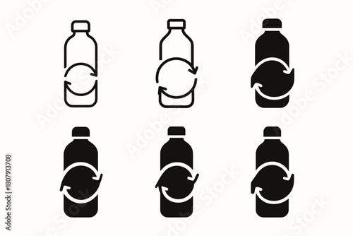 Reusable Bottle Icons. Reusable water bottle. Icon set. Set Logo of reusable water bottle: bottle with mountain. harmonious logo variations of the same