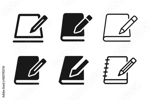 Sketchbook Logo Variations. Sketchbook and pencil on desk. Icon set. Set Logo of sketchbook and pencil on desk: pencil and notebook angled view. harmonious