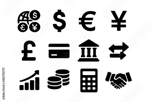 Global Finance Icons. Global Finance. Solid icon set of Global Finance: world currency, dollar, euro, yen, pound, credit card, bank building, transfer arrows,