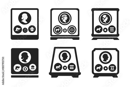 Antique Coin Logos. Starting a Collection of Antique Coins. Icon set. Set Logo of Antique Coin Collecting: treasure chest of coins. harmonious logo variations