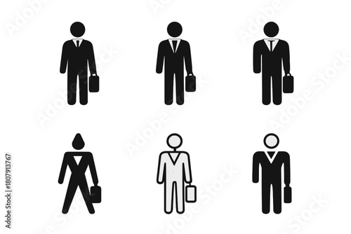 Suit Logo Variations. Wearing suit. Icon set. Set Logo of wearing suit: person silhouette straightening cuffs on blazer. harmonious logo variations of the same