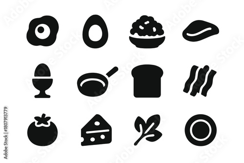 Egg Dish Icons. Egg dishes. Solid icon set of egg dishes: fried egg, boiled egg, scrambled eggs, omelet, egg cup, pan, toast, bacon, tomato, cheese slice,