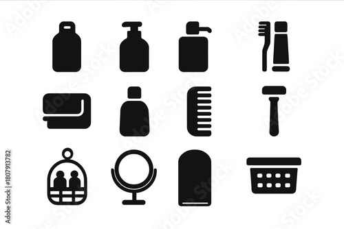 Toiletry Icon Collection. Toiletry Storage. Solid icon set of Toiletry Storage: shampoo bottle, conditioner bottle, soap dispenser, toothbrush, toothpaste,
