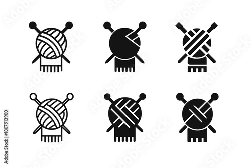 Knitting Logo Set. Knitting a scarf. Icon set. Set Logo of knitting a scarf: ball of yarn with knitting needles crossed through it. harmonious logo variations