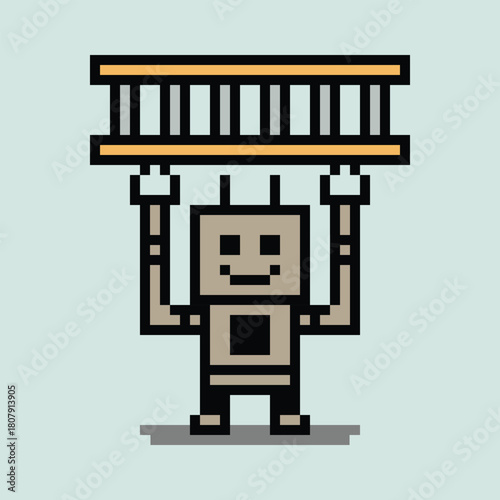 Cartoon pixel art of humanoid robot learning toy robotic engineer bot machine business vector character intelligence electronic background 8 bit artificial cyborg art.