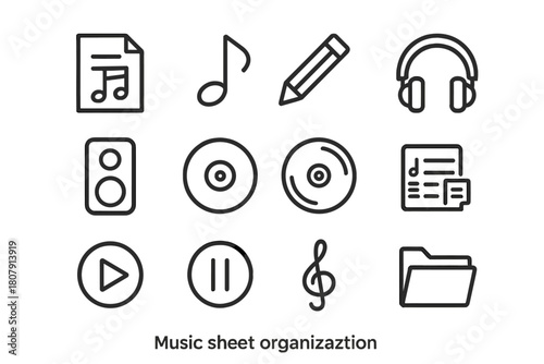 Music Sheet Icons. Music sheet organization. Line icon set of Music sheet organization: sheet of paper, music note, pencil, headphones, speaker, record, CD,