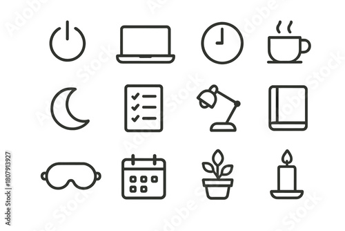 End-of-Day Ritual Icons. End-of-day shutdown ritual. Line icon set of end-of-day shutdown ritual: power button, laptop, clock, cup of tea, moon, checklist,