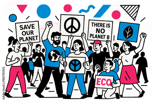 Vibrant Eco Protests. Environmental Protests. Street filled with demonstrators holding eco-friendly signs with floating abstract geometric shapes, vibrant and