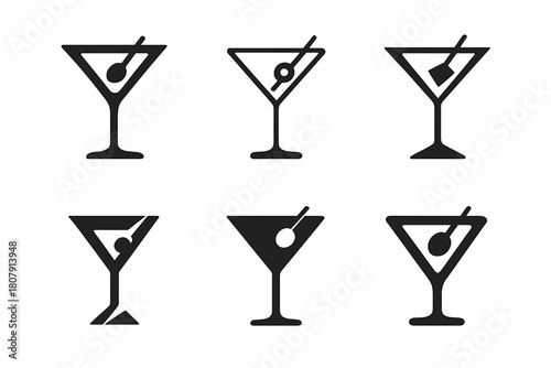 Alcoholic Beverage Icons. Alcoholic Beverages. Icon set. Set Logo of Alcoholic Drinks: champagne bottle and flute. harmonious logo variations of the same
