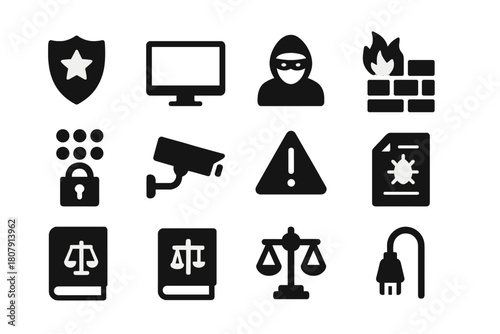 Cybercrime Prevention Icons. Cybercrime prevention. Solid icon set of Cybercrime prevention: police shield, computer screen, hacker mask, firewall, password