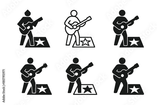 Hollywood Boulevard Icons. Hollywood Boulevard. Icon set. Set Logo of Hollywood Boulevard: street performer silhouette with guitar next to star tile.