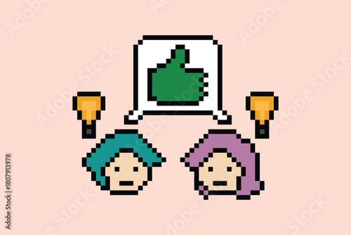 Cartoon design cute brainstorming idea team teamwork collaboration with business concept goal community work 8 bit pixel art.