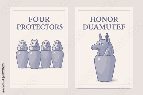 Honor Duamutef Banners. Sons of Horus. Two vertical A6 banners with safe margins, centered composition, no elements touching edges, pastel, indigo and silver,
