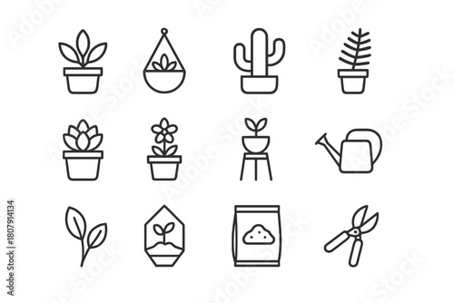 Indoor Greenery Icons. Indoor greenery. Line icon set of indoor greenery: potted plant, hanging planter, cactus, fern, succulent, flower pot, plant stand,